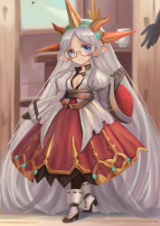 Rule 34 | 1girl, artist request, belt, blue eyes, breasts, dress, glasses, gloves, granblue fantasy, grey hair, hair ornament, hairband, harvin, harvin, high heels, long hair, long sleeves, out of frame, parted lips, pince-nez, pointy ears, red-framed eyewear, semi-rimless eyewear, small breasts, smile, solo focus, standing, very long hair, wide sleeves, zahlhamelina