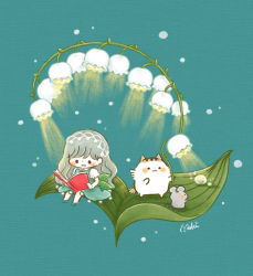 Rule 34 | 1girl, :d, blush stickers, book, cat, chara chara makiato, chibi, dress, flower, glowing flower, grey hair, hairband, holding, holding book, holding flower, leaf, lily of the valley, long hair, mouse (animal), open mouth, original, reading, smile, snowing, water drop