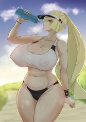 Rule 34 | 1girl, absurdres, alternate breast size, blonde hair, bottle, breasts, covered erect nipples, creatures (company), curvy, drinking, game freak, green eyes, highres, huge breasts, large breasts, long hair, looking at viewer, lusamine (pokemon), navel, nintendo, pokemon, pokemon sm, ponytail, shiny skin, sports bikini, sports bra, sportswear, standing, sweat, thick thighs, thighs, thong, user phas7735, very long hair, visor cap, water bottle, wide hips