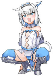Rule 34 | 1girl, animal ear fluff, animal ears, armored boots, blue eyes, blue hair, blue panties, blue thighhighs, blush, boots, cameltoe, cat ears, cat tail, dobrynya nikitich (fate), fang, fate/grand order, fate (series), female focus, hair intakes, hairband, high heel boots, high heels, highres, medium hair, multicolored hair, open mouth, panties, simple background, solo, squatting, strapless, tail, thighhighs, tiptoes, tsuchinoko (scout100per), underwear, white background, white hair