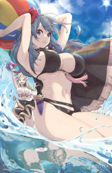 Rule 34 | 2girls, arm up, arms behind head, arms up, ball, beachball, bikini, black bikini, blue eyes, blue hair, blue sky, breasts, byleth (female) (fire emblem), byleth (female) (summer) (fire emblem), byleth (fire emblem), cleavage, cloud, dagger, fire emblem, fire emblem: three houses, fire emblem heroes, flower, green eyes, green hair, hair flower, hair ornament, highres, knife, large breasts, magister, multiple girls, navel, nintendo, official alternate costume, parted lips, partially submerged, rhea (fire emblem), sky, splashing, sun, swimsuit, tassel, thighs, water, weapon, white bikini