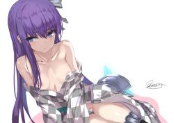 Rule 34 | 10s, 1girl, areola slip, armor, bare shoulders, blush, breasts, cleavage, crotch plate, fate/extra, fate/extra ccc, fate (series), greaves, kesoshirou, long hair, meltryllis (fate), off shoulder, purple eyes, purple hair, sitting, small breasts, solo, yokozuwari