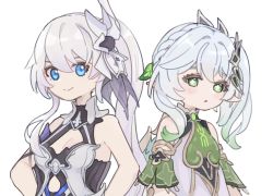 Rule 34 | 2girls, blue eyes, breasts, cape, child, cleavage, commentary, cross-shaped pupils, dress, genshin impact, gradient hair, green cape, green eyes, green hair, hair ornament, highres, honkai (series), honkai impact 3rd, leaf hair ornament, long hair, multicolored hair, multiple girls, nahida (genshin impact), piri, pointy ears, side ponytail, smile, symbol-only commentary, symbol-shaped pupils, theresa apocalypse, theresa apocalypse (twilight paladin), white background, white dress, white hair