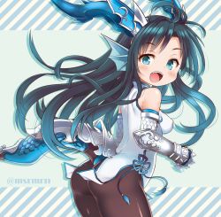 Rule 34 | 1girl, animal ears, armor, ass, bad id, bad pixiv id, bare shoulders, bent over, black pantyhose, blue eyes, dragon girl, dragon horns, dragon tail, dress, fins, gauntlets, head fins, horns, karin (p&amp;d), long hair, looking at viewer, mashiro miru, open mouth, pantyhose, puzzle &amp; dragons, short dress, smile, solo, tail, very long hair, white dress