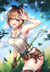 Rule 34 | armpits, atelier (series), atelier ryza, atelier ryza 1, belt, blue belt, brown belt, brown gloves, flask, gloves, halterneck, highres, jewelry, leather, leather belt, leather gloves, necklace, red shorts, reisalin stout, round-bottom flask, short shorts, shorts, single glove, solo, star (symbol), star necklace, tenmuki, thick thighs, thighs, white headwear
