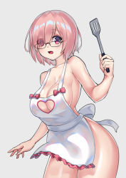Rule 34 | 1girl, alternate costume, apron, bad id, bad pixiv id, bare arms, bare shoulders, black-framed eyewear, breasts, cleavage, cleavage cutout, clothing cutout, collarbone, eyes visible through hair, fate/grand order, fate (series), glasses, grey background, hair over one eye, hand up, heart cutout, holding, large breasts, leaning forward, looking at viewer, mahou kyuuri, mash kyrielight, naked apron, open mouth, pink hair, red eyes, simple background, solo, spatula, white apron