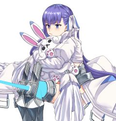 Rule 34 | 1girl, armor, blue eyes, blush, character doll, fate/extra, fate/extra ccc, fate/grand order, fate (series), fou (fate), greaves, hair ribbon, hug, long hair, meltryllis (fate), meltryllis (third ascension) (fate), michihasu, pout, purple hair, ribbon, simple background, sitting, sleeves past wrists, solo, white background