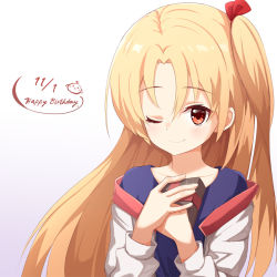 Rule 34 | 1girl, ;), ame., azur lane, blonde hair, blue shirt, blush, box, cleveland (azur lane), closed mouth, collarbone, commentary request, dated, gift, gift box, gradient background, hair between eyes, hands up, happy birthday, holding, holding gift, jacket, long hair, long sleeves, looking at viewer, off shoulder, one eye closed, open clothes, open jacket, parted bangs, purple background, red eyes, shirt, smile, solo, white background, white jacket