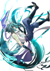 Rule 34 | 1boy, absurdres, aqua gemstone, arm tattoo, asymmetrical clothes, bead necklace, beads, blue pants, closed mouth, detached sleeves, diamond-shaped pupils, diamond (shape), genshin impact, gloves, green gloves, green hair, highres, holding, jewelry, liu liu, male focus, necklace, pants, pearl necklace, polearm, simple background, single detached sleeve, solo, spear, symbol-shaped pupils, tassel, tattoo, weapon, white background, xiao (genshin impact), yellow eyes