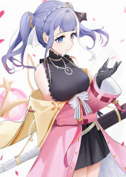 Rule 34 | 1girl, arm up, atelier (series), atelier ryza, atelier ryza 1, azur lane, black dress, black gloves, blonde hair, blue eyes, braid, breasts, closed mouth, dress, feet out of frame, gloves, highres, jacket, long hair, looking down, medium breasts, patricia abelheim, petals, pink jacket, qing wu, solo, standing, twintails, white background
