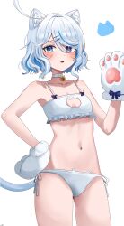 Rule 34 | 1girl, absurdres, animal ear fluff, animal ears, animal hands, bell, blue eyes, blue hair, bra, breasts, cat cutout, cat ear panties, cat ears, cat lingerie, clothing cutout, collarbone, commentary, drop-shaped pupils, english commentary, frilled bra, frills, furina (genshin impact), genshin impact, gloves, grey hair, hair ornament, hairclip, hand on own hip, hand up, heterochromia, highres, kemonomimi mode, looking at viewer, meme attire, miruku pan, multicolored hair, navel, neck bell, panties, paw gloves, short hair, side-tie panties, small breasts, solo, symbol-shaped pupils, underwear, underwear only, white background, white bra, white panties
