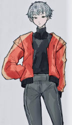 Rule 34 | 1girl, animification, apex legends, black sweater, brown eyes, collarbone, grey background, grey hair, grey pants, hand in pocket, highres, jacket, looking at viewer, moku (user vhfv2348), official alternate costume, pants, parted lips, red jacket, short hair, solo, sweater, valkyrie (apex legends)