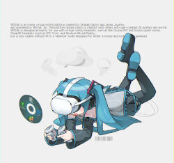 Rule 34 | 1girl, barcode, black skirt, black sleeves, blue hair, blue necktie, blue shirt, detached sleeves, english text, grey background, grey shirt, hair ornament, hatsune miku, head-mounted display, headphones, highres, holding, htc vive, long hair, lying, morizo (morizoshop), necktie, on stomach, open mouth, pleated skirt, shirt, shoe soles, simple background, skirt, sleeveless, sleeveless shirt, solo, twintails, very long hair, vocaloid, vrchat