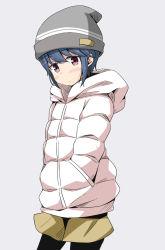Rule 34 | 1girl, aikawa ryou, alternate hair length, alternate hairstyle, beanie, black pantyhose, blue hair, blush, brown shorts, closed mouth, commentary, cowboy shot, frown, grey hat, hands in pockets, hat, highres, hood, hood down, hooded coat, long sleeves, looking at viewer, pantyhose, pantyhose under shorts, purple eyes, shima rin, short hair, shorts, simple background, solo, standing, winter clothes, yurucamp