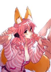 Rule 34 | 10s, 1girl, 2boys, animal ears, bad id, bad tumblr id, blush, breasts, cleavage, cum, double handjob, ejaculation, fate/extra, fate (series), fellatio, fox ears, fox tail, group sex, hair ornament, hair scrunchie, handjob, hetero, highres, jacket, large breasts, long hair, looking at viewer, mmf threesome, multiple boys, multiple penises, official alternate costume, open mouth, optionaltypo, oral, penis, pink hair, scrunchie, simple background, sketch, solo focus, tail, tamamo (fate), tamamo no mae (fate/extra), tamamo no mae (spring casual) (fate), threesome, tongue, tongue out, uncensored, unzipped, white background, yellow eyes