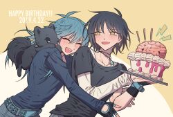 Rule 34 | 2boys, :d, ^ ^, animal, animal on shoulder, birthday cake, black gloves, black hair, black shirt, blue hair, blue shirt, brain, cake, candle, closed eyes, dog, dramatical murder, facing another, fang, food, gloves, hair between eyes, happy, happy birthday, highres, holding, holding plate, hug, hug from behind, jewelry, long hair, long sleeves, male focus, meremero, multiple boys, necklace, open mouth, plate, ren (dramatical murder), sei (dramatical murder), seragaki aoba, shirt, short hair, smile, standing, yaoi, yellow eyes