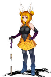 Rule 34 | 1girl, absurdres, adapted costume, aoshima, armor, armored dress, bare shoulders, black gloves, black pantyhose, blonde hair, blue footwear, blunt bangs, boots, breasts, collarbone, commentary request, covered navel, double bun, dress, elbow gloves, full body, gloves, hair bun, hair ribbon, hand on own hip, haniwa (statue), highres, joutouguu mayumi, large breasts, pantyhose, planted, planted sword, planted weapon, ribbon, short hair, simple background, sleeveless, sleeveless dress, solo, standing, sword, touhou, vambraces, weapon, white background, white ribbon, yellow dress, yellow eyes