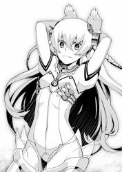 Rule 34 | 1girl, ar tonelico, ar tonelico i, arms behind head, arms up, bodysuit, braid, breasts, cowboy shot, gloves, greyscale, hair between eyes, hair ornament, headgear, lace, leotard, light smile, long hair, looking at viewer, monochrome, rabbit pose, see-through, shurelia (ar tonelico), small breasts, smile, solo, terumii, thighhighs, twin braids, very long hair