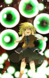 Rule 34 | 1girl, aoi (annbi), blonde hair, danmaku, fang, female focus, green eyes, hands on another&#039;s cheeks, hands on another&#039;s face, hands on own face, mizuhashi parsee, short hair, smile, solo, tears, touhou