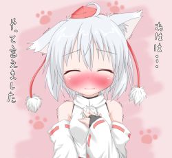 Rule 34 | 1girl, animal ears, bare shoulders, blush, confession, detached sleeves, closed eyes, female focus, gauntlets, hand on own chest, happy tears, hat, hat ribbon, inubashiri momiji, oden (th-inaba), paw print, ribbon, shirt, short hair, silver hair, smile, solo, tears, tokin hat, touhou, translated, trembling, upper body, wolf ears