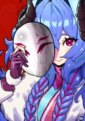 Rule 34 | 1girl, blue hair, blush, braid, chung1000, closed mouth, gloves, hair between eyes, holding, holding mask, horns, kindred (league of legends), lamb (league of legends), league of legends, long hair, looking at viewer, mask, unworn mask, one eye covered, partially fingerless gloves, pink eyes, purple gloves, red background, simple background, smile, solo, spirit blossom kindred, upper body