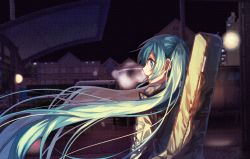 Rule 34 | 1girl, black jacket, building, danjou sora, green eyes, green hair, hair between eyes, hatsune miku, instrument case, jacket, long hair, looking away, looking to the side, night, night sky, open mouth, outdoors, profile, sky, solo, standing, twintails, upper body, very long hair, vocaloid
