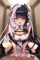 Rule 34 | 1boy, 1girl, animal print, bell, black hair, black thighhighs, blush, breasts, bun cover, china dress, chinese clothes, cleavage, cleavage cutout, clothing cutout, covered penetration, cowgirl position, double bun, dress, girl on top, hair bell, hair bun, hair ornament, hetero, highres, implied sex, jingle bell, large breasts, long hair, looking at viewer, muishiki net, multicolored hair, nijisanji, official alternate costume, open mouth, pelvic curtain, pov, rabbit print, red eyes, solo focus, split-color hair, straddling, streaked hair, thighhighs, two-tone hair, vaginal, virtual youtuber, white dress, white hair, yorumi rena, yorumi rena (10th costume)