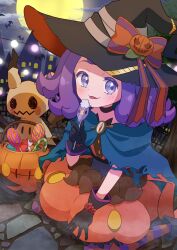 1girl :p acerola_(pokemon) bat_(animal) black_choker black_gloves black_hat blue_cape candy candy_cane cape chandelure character-themed_food choker creatures_(company) drifblim food game_freak gen_4_pokemon gen_5_pokemon gen_7_pokemon gloves hat highres holding holding_candy holding_food holding_lollipop jack-o&#039;-lantern_hat_ornament lollipop mimikyu moon nintendo pokemon pokemon_(creature) pokemon_sm purple_eyes purple_hair refisa short_hair tongue tongue_out witch_hat