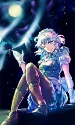 Rule 34 | 1girl, apron, black legwear, blue dress, blue eyes, boots, braid, breasts, brown footwear, collared shirt, commentary request, dress, frilled apron, frills, full moon, gloves, green ribbon, hair ribbon, high heel boots, high heels, highres, izayoi sakuya, large breasts, looking at viewer, maid, maid apron, maid headdress, moon, one eye closed, puffy short sleeves, puffy sleeves, ribbon, shirt, short sleeves, silver hair, sitting, solo, touhou, tress ribbon, twin braids, white apron, white gloves, wing collar, yutarou