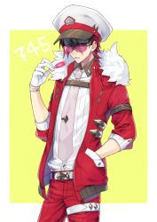 Rule 34 | 1boy, armlet, belt, black hair, candy, cowboy shot, creatures (company), earclip, food, fur trim, game freak, gen 7 pokemon, glasses, gloves, grey neckwear, hand in pocket, hand up, hat, jacket, kasuka108, lollipop, looking at viewer, lycanroc, lycanroc (midnight), male focus, necktie, nintendo, pants, personification, pink-tinted eyewear, pink glasses, pokemon, red eyes, red hair, red jacket, red pants, shirt, simple background, standing, tie clip, tinted eyewear, white gloves, white hat, white shirt, wristband, yellow background