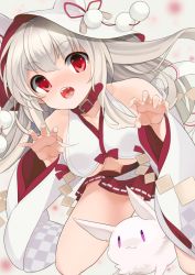 Rule 34 | azur lane, belt collar, collar, creature, dress, fangs, gyusukiudon, japanese clothes, kimono, official alternate costume, open mouth, red eyes, solo, thick eyebrows, wedding dress, white hair, yuudachi (azur lane), yuudachi (the bride of solomon) (azur lane)