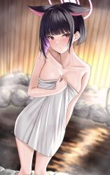 Rule 34 | 1girl, absurdres, animal ears, arm behind back, black hair, blue archive, blunt bangs, blurry, blurry background, breasts, cat ears, closed mouth, collarbone, colored inner hair, halo, highres, kazusa (blue archive), looking at viewer, medium breasts, multicolored hair, naked towel, onsen, pink hair, rama (yu-light8), red eyes, short hair, solo, steam, towel, two-tone hair, wet