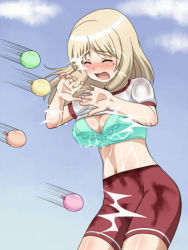 Rule 34 | 10s, 1girl, awa, bike shorts, blonde hair, blush, bra, breasts, cleavage, cloud, day, closed eyes, gym uniform, jinsei, kujou fumi, medium breasts, mole, open mouth, sky, solo, twintails, underwear, water balloon, wet, wet clothes