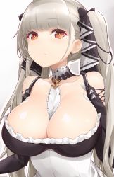 Rule 34 | 1girl, azur lane, bare shoulders, between breasts, black dress, blush, breasts, cleavage, commentary request, dress, earrings, formidable (azur lane), frilled dress, frills, grey hair, hair ribbon, highres, jampen, jewelry, large breasts, long hair, looking at viewer, red eyes, ribbon, solo, twintails