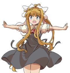 Rule 34 | 1girl, air (visual novel), ascot, astcd2, black dress, blonde hair, blue eyes, commentary, dress, kamio misuzu, long hair, looking at viewer, open mouth, outstretched arms, ponytail, puffy short sleeves, puffy sleeves, red ascot, shirt, short sleeves, sidelocks, simple background, solo, white background, white shirt
