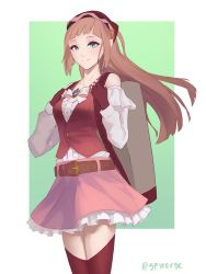 Rule 34 | 1girl, backpack, bag, bandana, belt, blue eyes, breasts, buttons, closed mouth, collarbone, commentary, english commentary, felicia (fire emblem), fingerless gloves, fire emblem, fire emblem fates, fire emblem heroes, frills, gloves, highres, jewelry, long hair, looking at viewer, medium breasts, miniskirt, nintendo, ornament, pink hair, ponytail, ribbon, simple background, skirt, smile, solo, spiffydc, twitter username, white ribbon