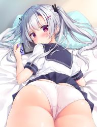 Rule 34 | 1girl, ass, bed, blue skirt, rabbit hair ornament, butt crack, closed mouth, commentary request, crotch seam, from behind, frown, game console, hair ornament, hairclip, highres, holding, huge ass, long hair, looking at viewer, looking back, lying, miniskirt, nintendo switch, on stomach, original, panties, panties day, pillow, pink eyes, pleated skirt, ryouka (suzuya), sailor collar, school uniform, serafuku, shirt, short sleeves, sidelocks, silver hair, skindentation, skirt, solo, twintails, underwear, white panties, white shirt