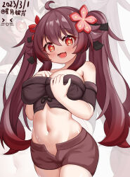 Rule 34 | 1girl, :d, ahoge, alternate breast size, alternate costume, bare shoulders, black shirt, blush, breasts, brown hair, commentary request, cowboy shot, crop top, genshin impact, grey shorts, hair between eyes, hair ornament, highres, hoshitsuki higan, hu tao (genshin impact), large breasts, long hair, looking at viewer, midriff, navel, no headwear, off-shoulder shirt, off shoulder, open fly, open mouth, red eyes, shirt, short shorts, short sleeves, shorts, smile, solo, standing, stomach, twintails, very long hair, zoom layer