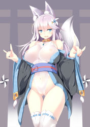 Rule 34 | 1girl, animal ears, blue eyes, blush, borrowed character, breasts, detached sleeves, fang, female focus, fox ears, fox tail, hair ornament, highres, large breasts, light purple hair, long hair, looking at viewer, mizu aoi, mizuki (kutan), \\n/, off shoulder, open mouth, original, see-through, smile, solo, sukage, tail, thigh gap, thighhighs, white thighhighs, wide sleeves