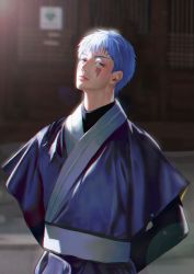 Rule 34 | 1boy, absurdres, akatsuki no yona, architecture, arms behind back, bloom, blue hair, blue robe, blurry, building, chromatic aberration, depth of field, east asian architecture, expressionless, facial mark, half-closed eyes, highres, kunmang, lens flare, lips, male focus, marking on cheek, nose, outdoors, realistic, robe, sash, shin-ah (akatsuki no yona), short hair, solo, standing, sunlight, upper body, yellow eyes