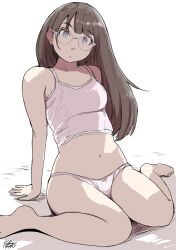 Rule 34 | 1girl, arm support, bad foot, barefoot, blue eyes, breasts, brown hair, camisole, dated, glasses, hadashi no kenji, highres, long hair, looking at viewer, midriff, navel, original, panties, pink camisole, pink panties, sitting, small breasts, underwear