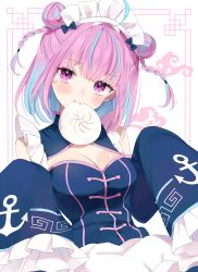 Rule 34 | 1girl, ahoge, anchor print, anchor symbol, blue dress, blue hair, blunt bangs, blush, braid, breasts, cleavage, cleavage cutout, closed mouth, clothing cutout, colored inner hair, double bun, dress, dumpling, food, food in mouth, frilled sleeves, frills, hair bun, highres, hololive, large breasts, long sleeves, looking at viewer, maid headdress, medium breasts, medium hair, minato aqua, multicolored hair, pink eyes, pink hair, sidelocks, sleeves past fingers, sleeves past wrists, solo, streaked hair, sweatdrop, tatsuyoshi (zawahomura), two-tone hair, upper body, virtual youtuber, wide sleeves