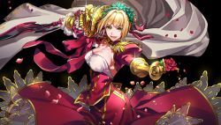 Rule 34 | 10s, 1girl, black background, blonde hair, breasts, cape, cleavage cutout, clothing cutout, commentary request, dress, fate/extra, fate (series), flower, frilled skirt, frills, gauntlets, green eyes, highres, holding, holding flower, large breasts, looking at viewer, nero claudius (fate), nero claudius (fate) (all), nero claudius (fate/extra), parted lips, red dress, rose, shirt, simple background, skirt, smile, solo, standing, tenobe, white cape, white shirt, wreath