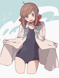 Rule 34 | 1girl, blush stickers, bow, brown eyes, brown hair, cropped legs, fish hair ornament, hair bow, hair ornament, long shirt, looking at viewer, maco22, one-piece swimsuit, open clothes, open mouth, open shirt, original, shirt hold, smile, solo, swimsuit