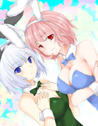 Rule 34 | 2girls, animal ears, bare shoulders, blue eyes, blush, bow, bowtie, breasts, rabbit ears, cleavage, curry man, dutch angle, female focus, hands on own chest, konpaku youmu, large breasts, multiple girls, pink hair, playboy bunny, red eyes, saigyouji yuyuko, serious, short hair, silver hair, smile, touhou, wrist cuffs