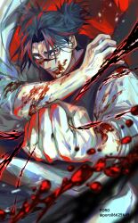 Rule 34 | 1boy, absurdres, black hair, bleeding, blood, blood on arm, blood on face, blood on hands, choso (jujutsu kaisen), clenched hand, fighting stance, highres, injury, japanese clothes, jujutsu kaisen, looking at viewer, male focus, red eyes, rei (poro06625649), scar, scar on face, twitter username