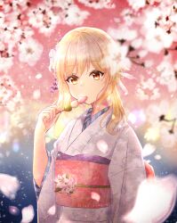 Rule 34 | 1girl, absurdres, blonde hair, blurry, blurry foreground, cherry blossoms, dango, eating, falling petals, flower, food, genshin impact, hair ornament, hair stick, highres, holding, holding food, japanese clothes, kanzashi, kimono, led awaame, long sleeves, looking at viewer, lumine (genshin impact), petals, sanshoku dango, solo, wagashi, wide sleeves, yellow eyes