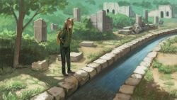Rule 34 | 1girl, animal ears, brown eyes, brown hair, bush, canal, closed mouth, commentary, day, fox ears, green jacket, grey pants, hands in pockets, highres, jacket, long sleeves, looking away, looking down, original, outdoors, pants, ruins, shoes, solo, standing, tree, tree shade, wasabi60, wide shot