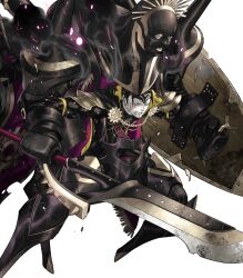 Rule 34 | 1boy, black bodysuit, black cloak, black hair, blonde hair, bodysuit, clenched teeth, cloak, crown, damaged, fafnir (fire emblem), fire emblem, fire emblem heroes, hair slicked back, highres, holding, holding polearm, holding shield, holding weapon, king, mecha, multicolored hair, nintendo, non-web source, official art, one eye closed, polearm, robot, shield, smoke, solo, streaked hair, teeth, weapon