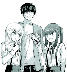 Rule 34 | 1boy, 2girls, black hair, black pants, black skirt, blush, breasts, closed mouth, feet out of frame, greyscale, highres, holding, holding money, jacket, long hair, looking at another, looking down, money, monochrome, multiple girls, neck ribbon, open mouth, original, pants, ribbon, shirt, short hair, skirt, small breasts, smile, standing, suspender skirt, suspenders, teardrop, white background, white shirt, yamakeitokokoro